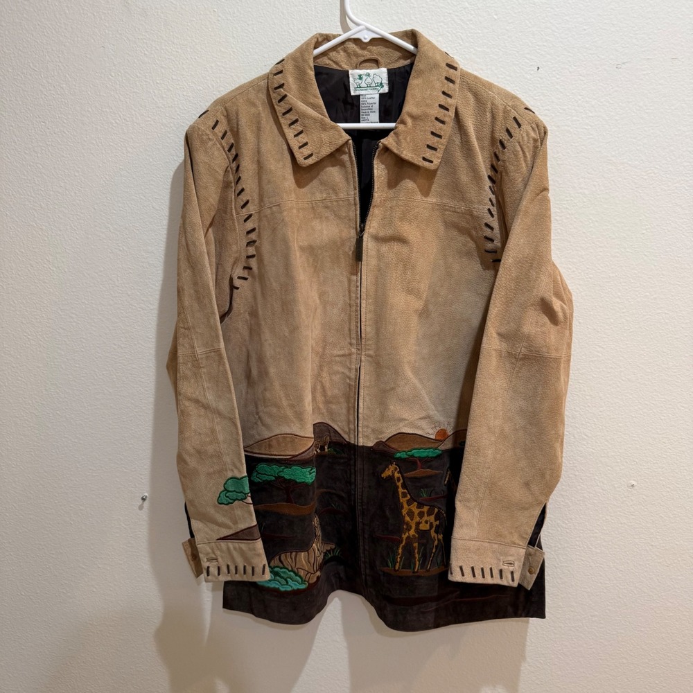Quacker Factory Suede Leather Safari Jacket Embroidered Giraffe Elephant Tan L